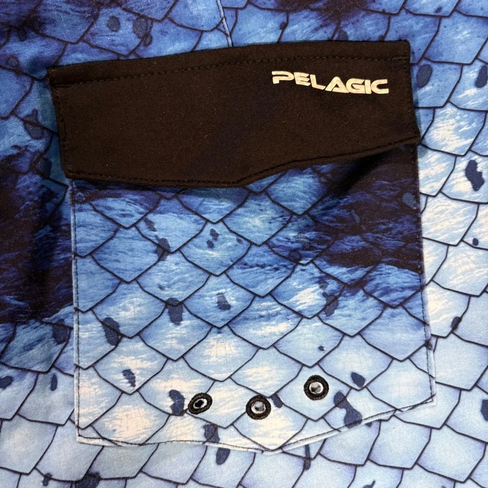 Pelagic Hydro-Lite Blue Fish Scale Board Shorts Mens 34 Fishing Trunks Stretch
